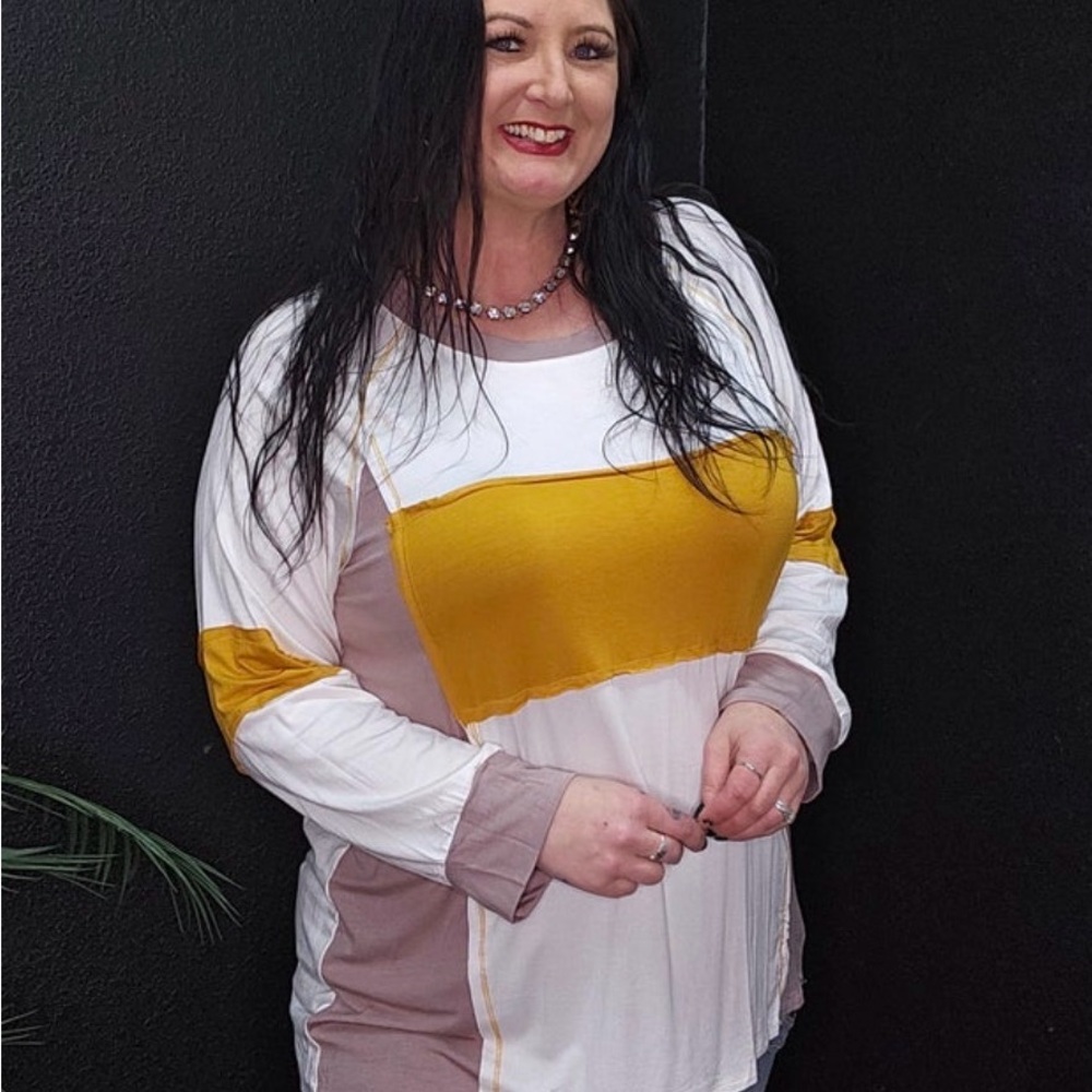 Colorblock Long Sleeve Top - White, Mustard, and Tan